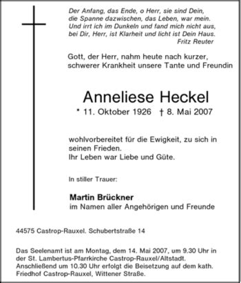 Traueranzeigen Von Anneliese Heckel Trauer In Nrw De