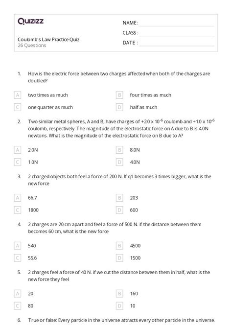 Coulombs Law And Electric Force Worksheets For Th Class On Quizizz