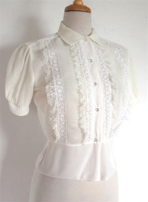 Vintage S Blouse S S Sheer White Ruffled Trim