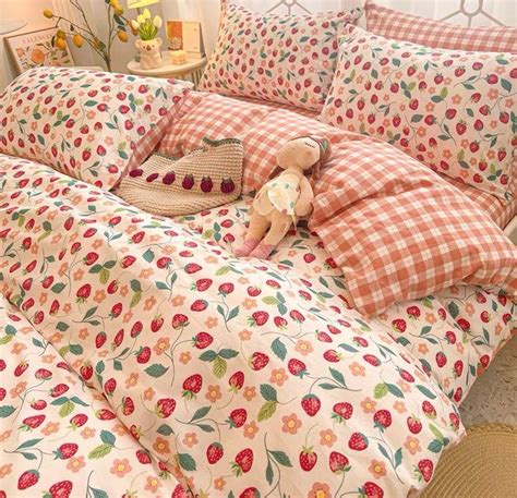 Strawberry Duvet Cover Set Strawberry Bedding Set Pink Etsy Duvet