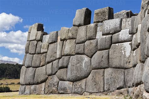 Peru Andes Cusco Stone Wall At The Inca Ruins Of Sacsayhuaman Stock