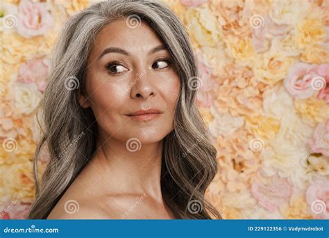 Smiling Mature Topless Woman Standing Posing Stock Photo Image Of