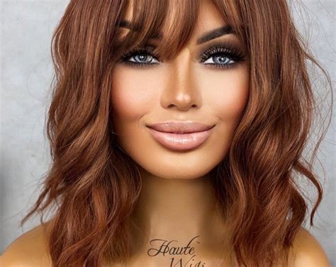 Rusty Copper Ginger 14 Inch Bright Wig Rare Bangs Fringe Wig No Lace Front Long Wavy Curly Wigs