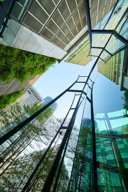 Premium Photo Low Angle Shot Of Modern Glass Buildings And Green With Clear Sky Background