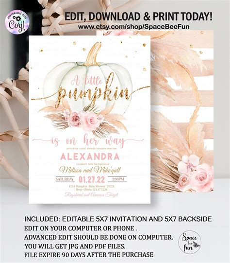 Editable Pumpkin Baby Shower Invitation Girl Boho Pampas Etsy