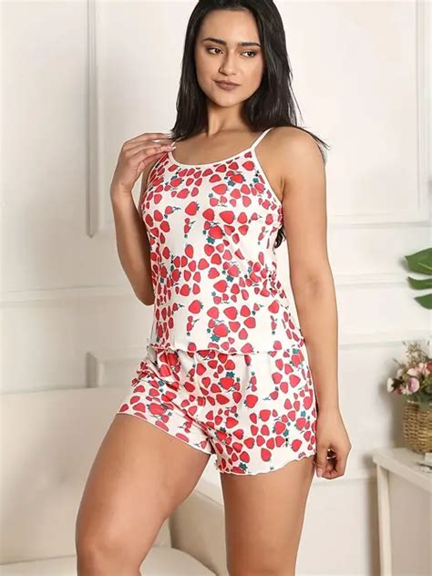 Strawberry Print Pajama Set Lace Up Cami Top And Lettuce Trim Shorts