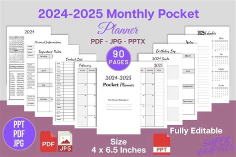 Monthly Pocket Planner 2024-2025 | Monthly Calendar Editable