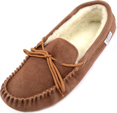 Men S Sheepskin Moccasin Slippers Softsole In Light Brown Amazon Co