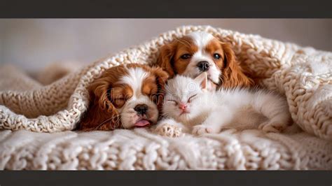 Generative Ai King Charles Spaniel Puppy Hugging A Kitten Lying Under A