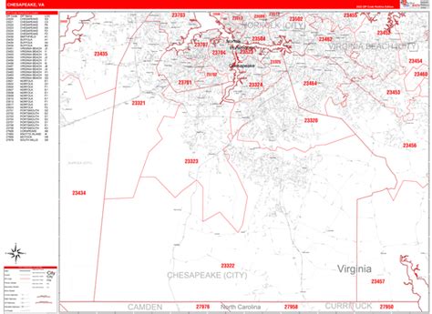 Chesapeake Virginia Zip Code Wall Map Red Line Style By Marketmaps