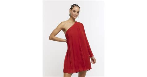 River Island Red Plisse One Shoulder Shift Mini Dress Lyst