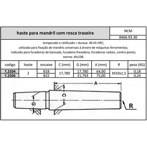 Haste Para Mandril Cone Morse 2xB18 Rosca Traseira M10x1 5