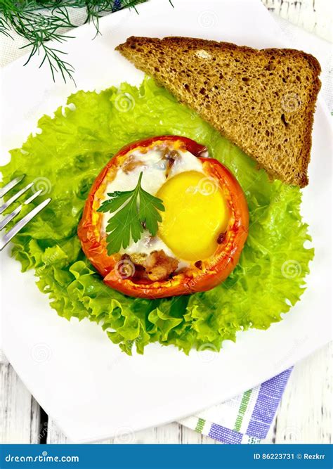 Scrambled Eggs In Tomato On Board Top Stock Image Image Of Mushroom