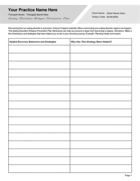 Eating Disorder Relapse Prevention Plan Worksheet Pdf