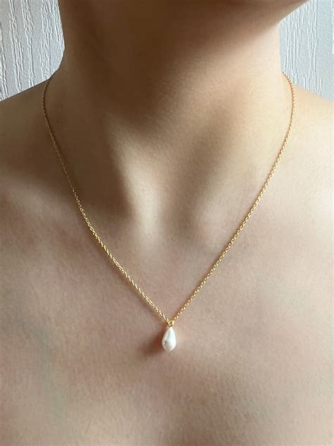 Dainty Pearl Necklace Teardrop Pearl Pendant Shell Pearl Etsy