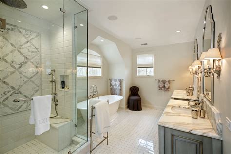 Large Glass Enclosed Shower And Freestanding Tub Traditional Bathroom