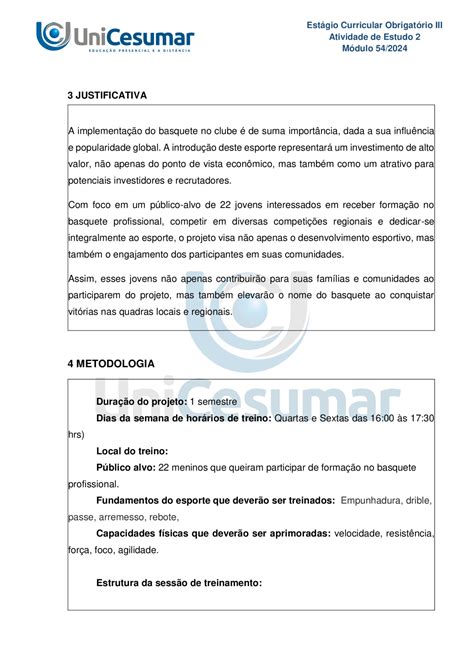 Modelo Respondido Estágio Supervisionado III Projeto Esportivo