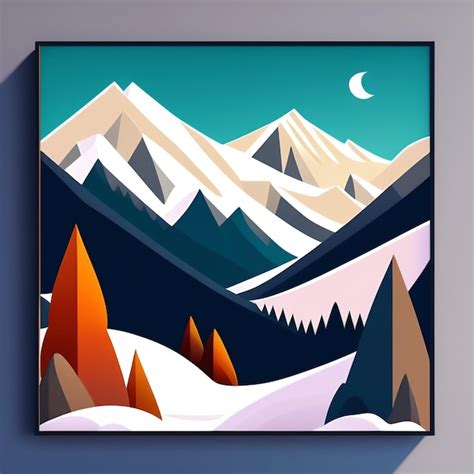 Una Pintura De Un Paisaje Monta Oso Nevado Con Un Cielo Azul Y La Luna