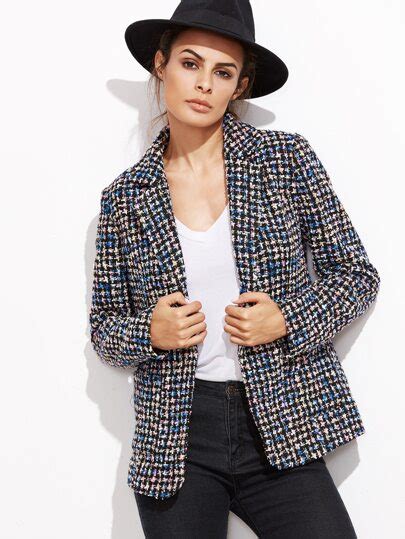 Multicolor Notch Collar Pocket Front Tweed Blazer Shein Sheinside