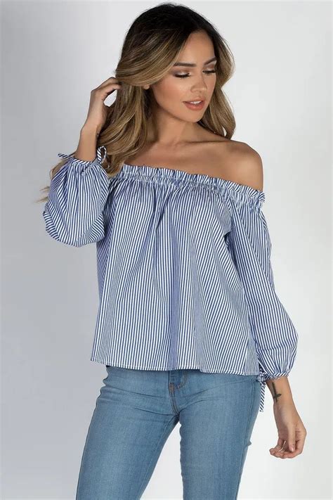 Blue Skies Blue White Striped Off Shoulder Top Babe Society