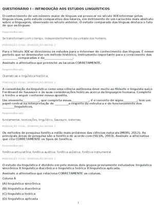 Question Rio I Introdu O Aos Estudos Lingu Sticos Question Rio I