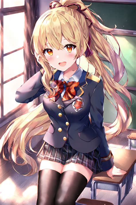 Original Characters Schoolgirl Blonde Ponytail Red Eyes Anime