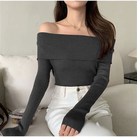 Kily Ph Off Shoulder Longsleeves Korean Knitted Basic Top Semi Croptop