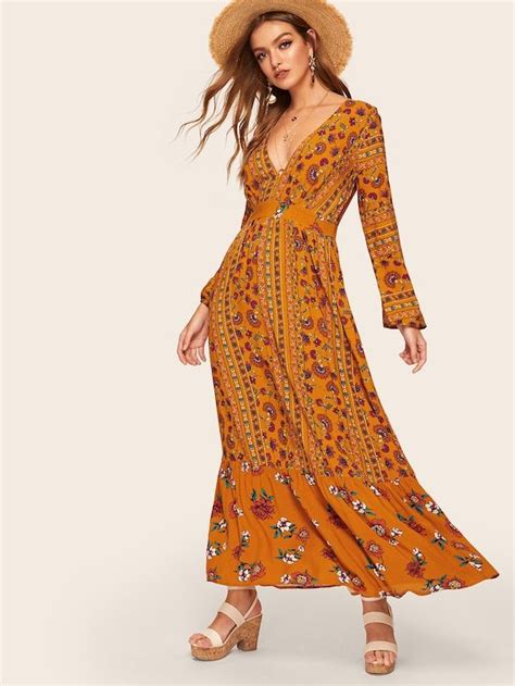 Shein Calico Print Flounce Hem Plunging Dress Dress Plunge Dress