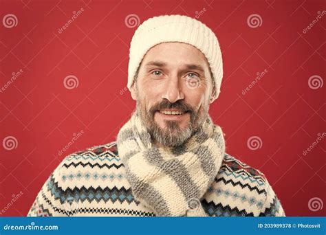 Knitted Accessories Cold Winter Conditions Handsome Bearded Man