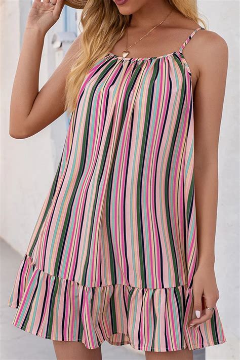 Sweet Striped Patchwork Flounce Spaghetti Strap A Line Dresses Summer