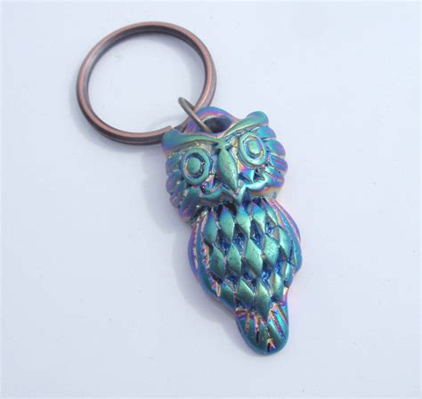 Owl Keychain Steampunk Key Ring Vintage Owl Keychain Technicolor