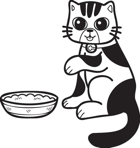 Gato rayado dibujado a mano comiendo ilustración de comida en estilo