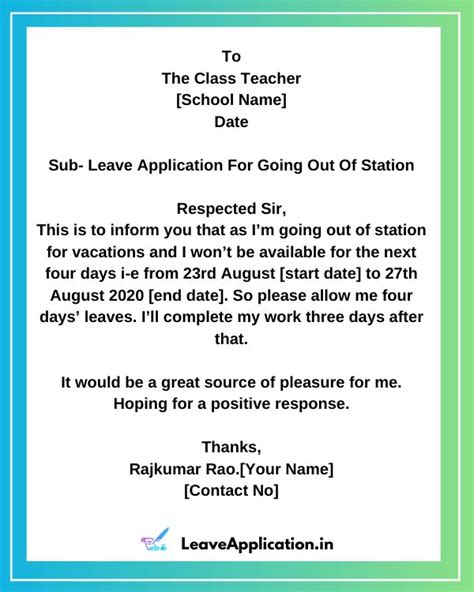 Leave Application For School Student For Going Outstation