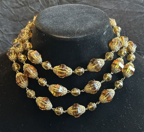 Antique Czech Art Deco Amber Glass Bead Necklace Bras… Gem