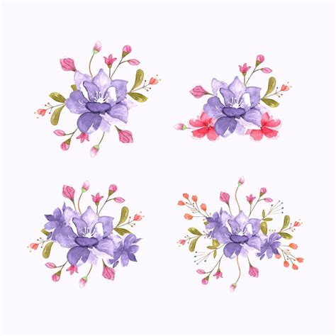 Ilustração De Buquê De Flores Botânicas Em Aquarela Violeta Desenhada à Mão Vetor Premium