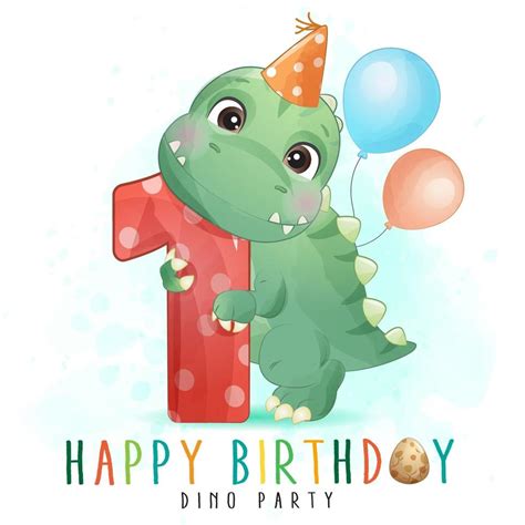 Cute Dinosaur With Number One Birthday Illustration Vector Art