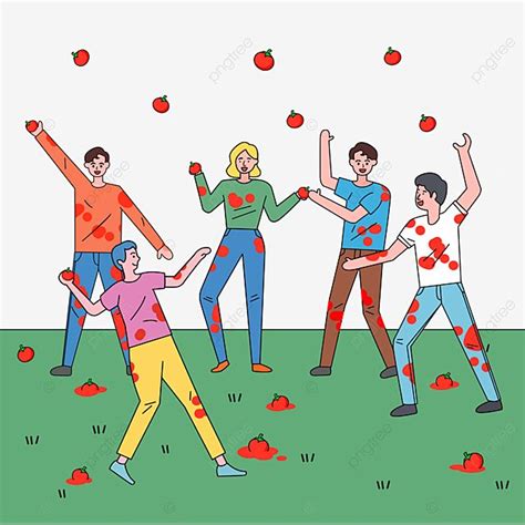 people are dancing in an apple orchard with apples falling from the sky ...