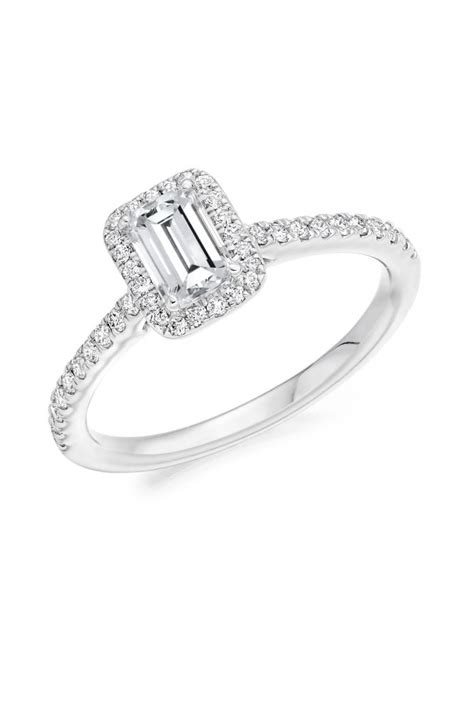 18ct White Gold Emerald Cut Diamond Ring With Diamond Set Halo