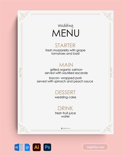 the wedding menu is displayed on a pink background