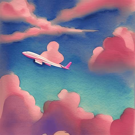 Whimsical Airplane Flying Through Pink Clouds Storybook Watercolor