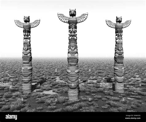 Three Totem Poles On The Prairie In Black And White Stock Photo Alamy