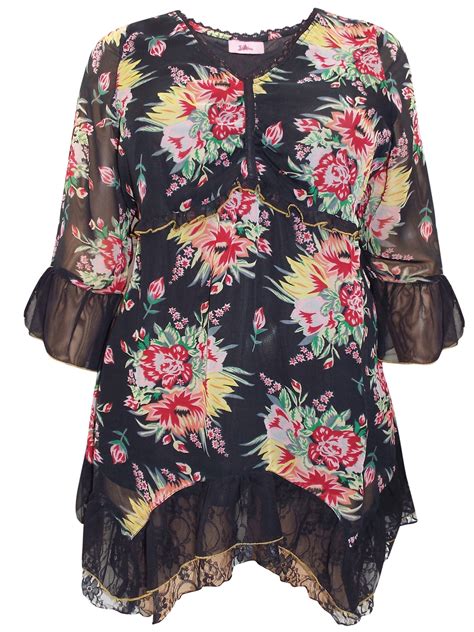 Joe Browns Joe Browns Black Floral Print Lace Trim Tunic Plus