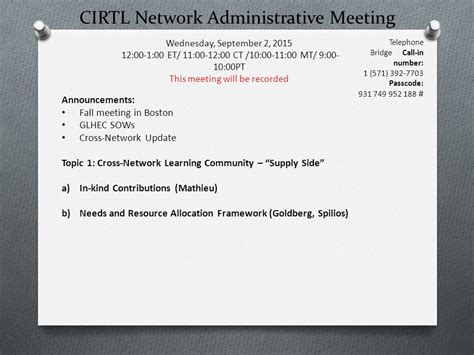 Cirtl Network Administrative Meeting Wednesday September 2 00 100