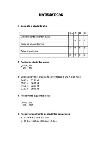 Prueba Diagnostico Matematica 5to