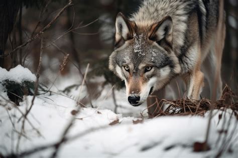 Premium AI Image | Wolf hunting in snowy forest with its prey hidden in ...