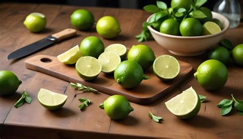 A Wooden Table With Limes And A Bowl Of Limes On It Premium Ai