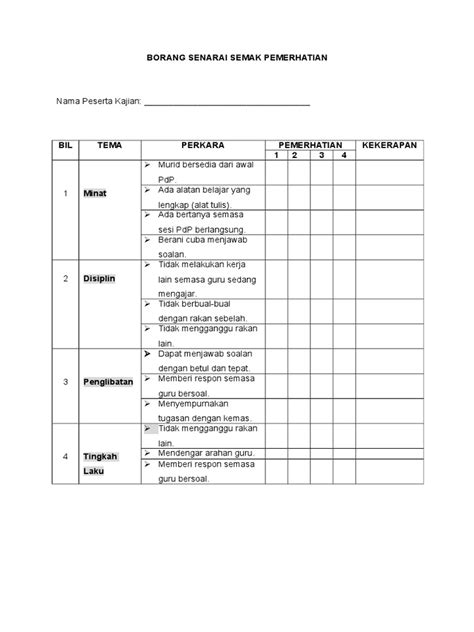 Contoh Senarai Semak Pemerhatian Borang Kajian Tindakan Beserta
