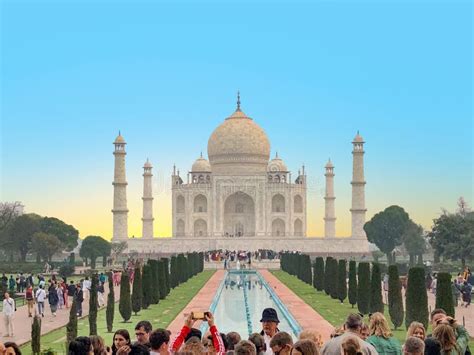 Tourists Admire And Enjoy Scenic Sunrise View Of Taj Mahal In Agra Editorial Photography Image