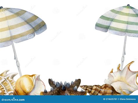 Hand Drawn Watercolor Composition Striped Beach Umbrellas Sea Shells