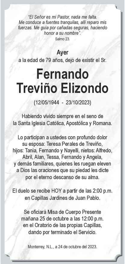 Sr Fernando Treviño Elizondo Obituario Esquela